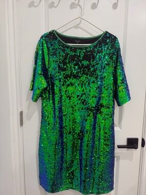 Green & Blue Sequin Shift Dress